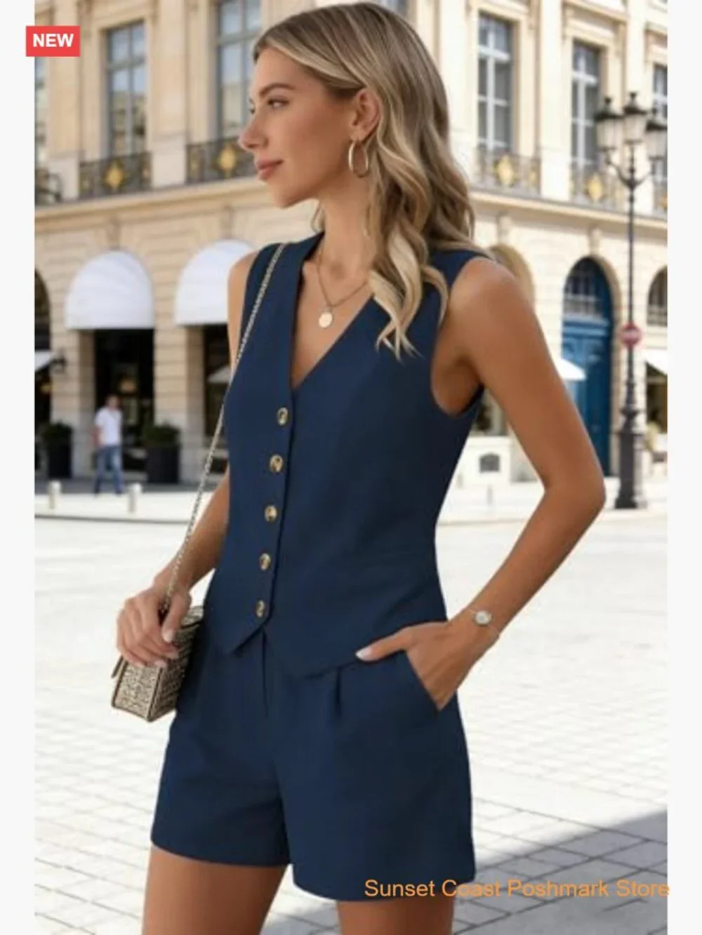 Womens 2 Piece Button Down Vest and Shorts Set with Pockets Matching Summer - Picture 3 of 7